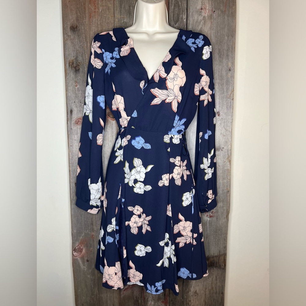 ASTR the Label Navy, Light Blue and Pink Floral Ruffle Wrap Long Sleeve small - Picture 14 of 14
